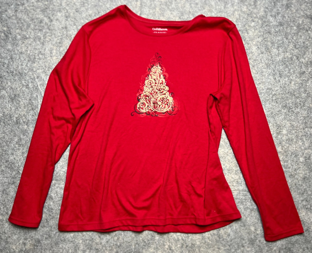 Croft & Barrow Classic Tee Women Plus XXL Red Christmas Tree Long Sleeve Shirt